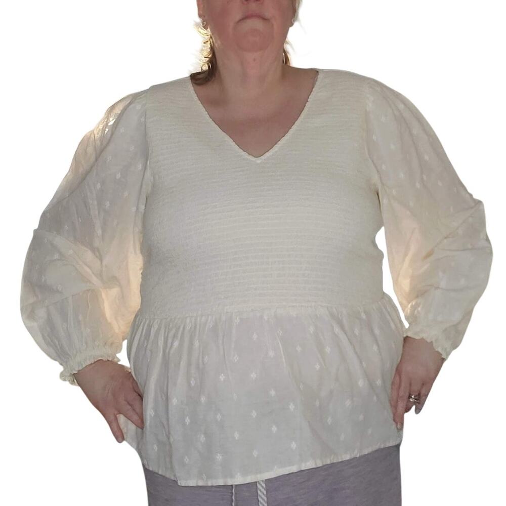 Cottagecore Prairie Smocked Peplum Blouse 2X Ivory Clip Dot Balloon Sleeve Top